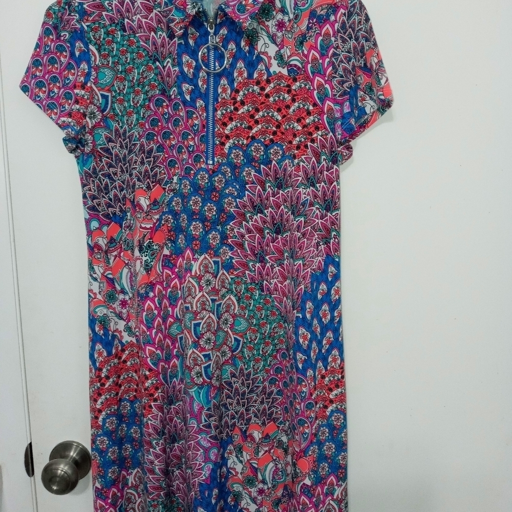 MSK Paisley Colored "Feathers" stretch Summery Beach Midi Dress Zip up Front